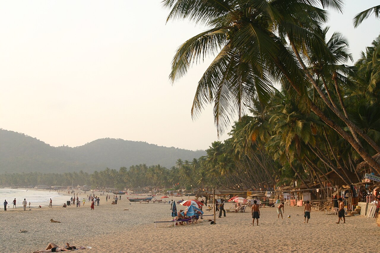 Golden sand beach with palm trees and calm sea in Goa, India